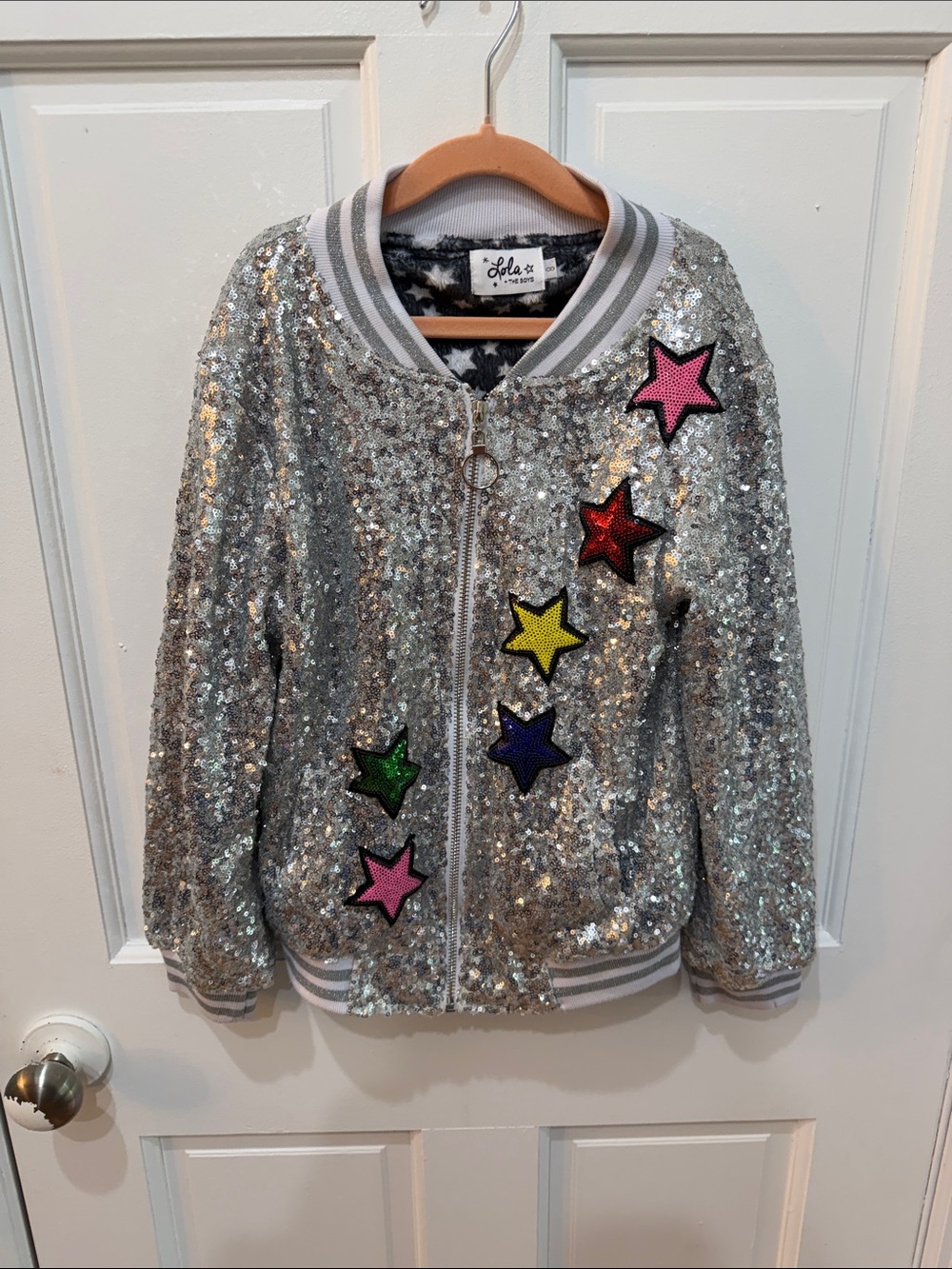 Lola and the Boys Silver Sequin Star Bomber Jacket for Kids